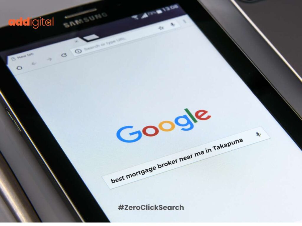 Close-up of a mobile device showing a local search for a mortgage broker in Takapuna, Auckland, highlighting the Zero-Click search trend for professional services.