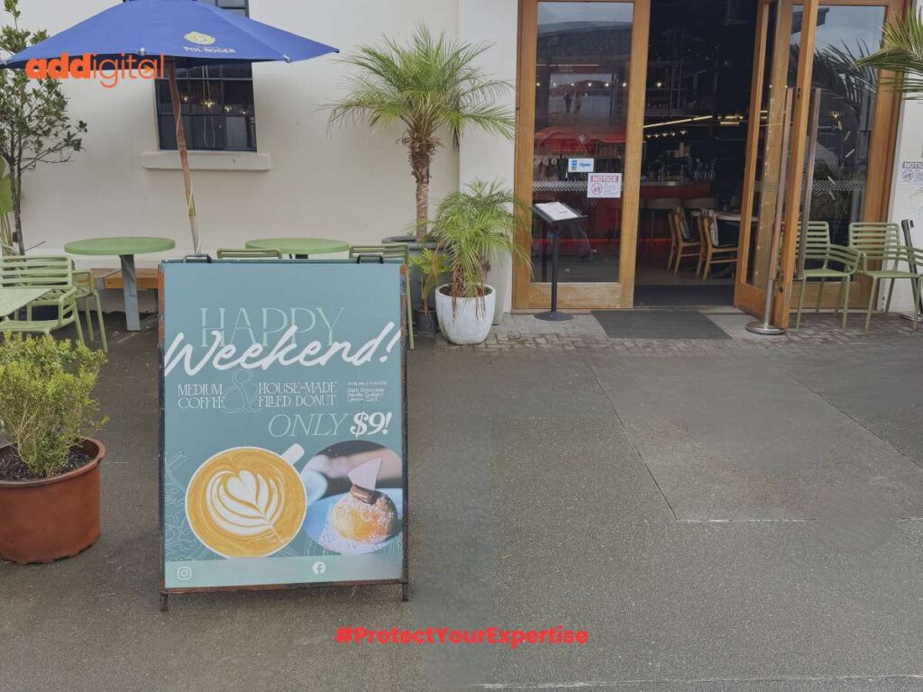 Indoor/Outdoor photograph of a restaurant A-frame board on an Auckland street, overlaid with the Addigital logo and #ProtectYourExpertise, illustrating the concept of 'Information Gain' for local SEO.