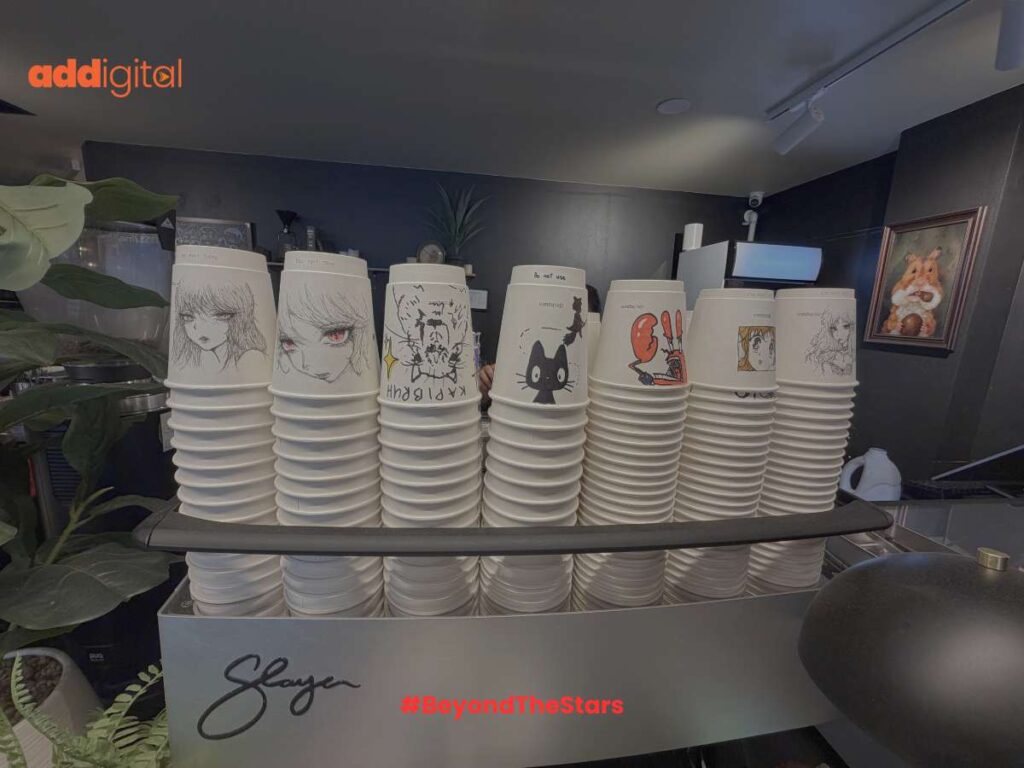 Close-up of hand-drawn styled takeaway coffee cups on a stainless steel espresso machine at a local cafe on Carlton Gore Road, Grafton. The Addigital logo and #ProtectYourExpertise are overlaid in the corner.
