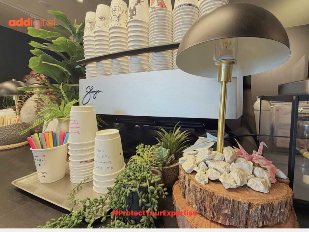 Indoor photograph from a Grafton, Auckland cafe, overlaid with the Addigital logo and the hashtag #protectyourexpertise.