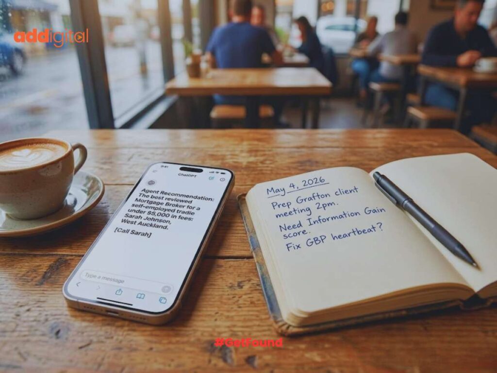 A first-person view of an iPhone 17 Pro Max and a handwritten journal on a wooden cafe table in Grafton, Auckland, showing an AI agent recommending a local business.