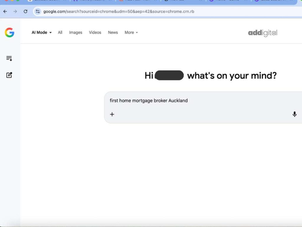 Google AI search for “first home mortgage broker Auckland”, illustrating how potential clients research local professionals online before deciding who to contact.
