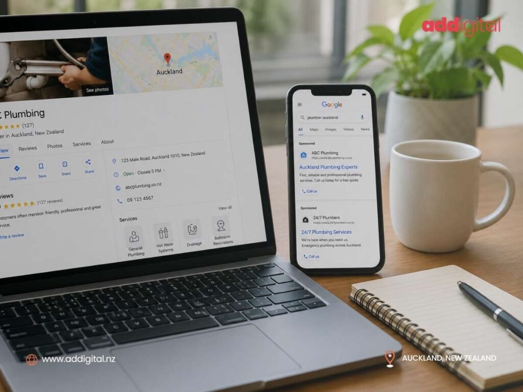 Laptop displaying a Google Business Profile listing alongside a smartphone showing Google Ads search results, illustrating digital marketing options for local small businesses deciding between Google Business Profile and Google Ads.