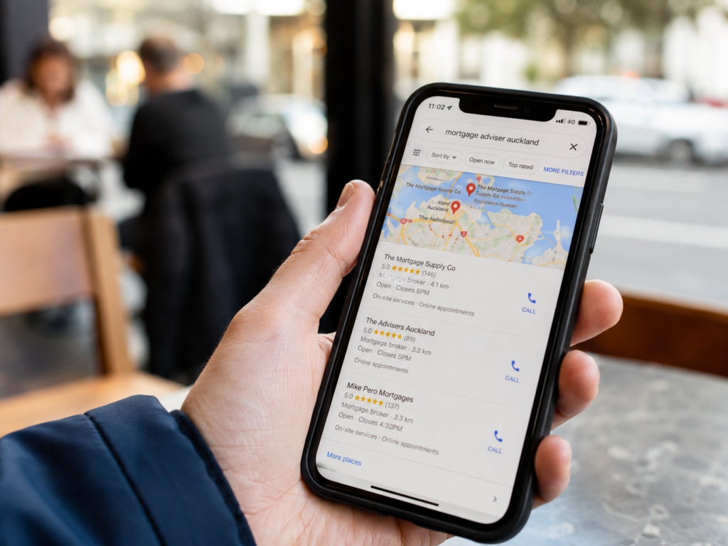 Person using Google Maps on a smartphone to search for local businesses in Auckland, illustrating how customers discover businesses online.