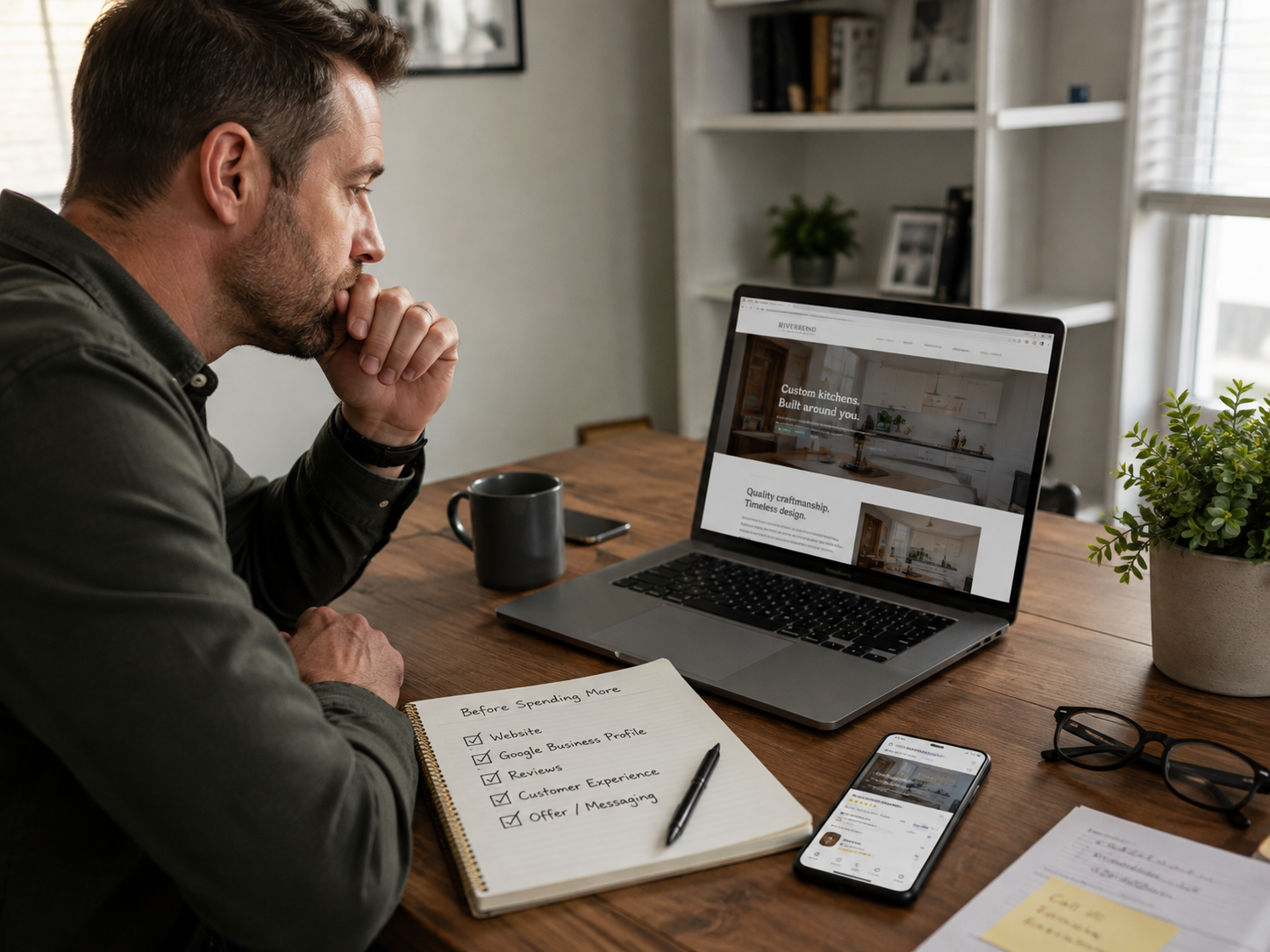 Small business owner reviewing website, Google Business Profile and marketing basics before increasing marketing spend