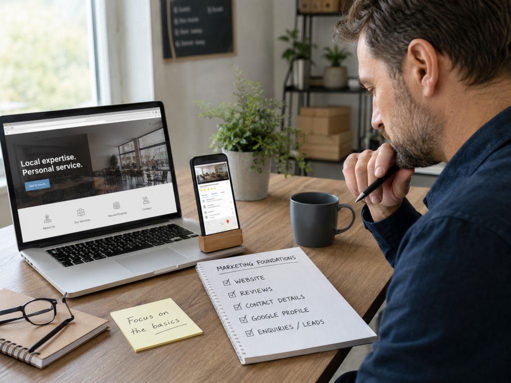 Business owner checking website, reviews, contact details and digital marketing foundations