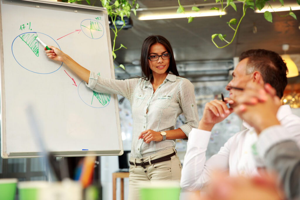 Business professional explaining marketing performance results to colleagues using a chart.”